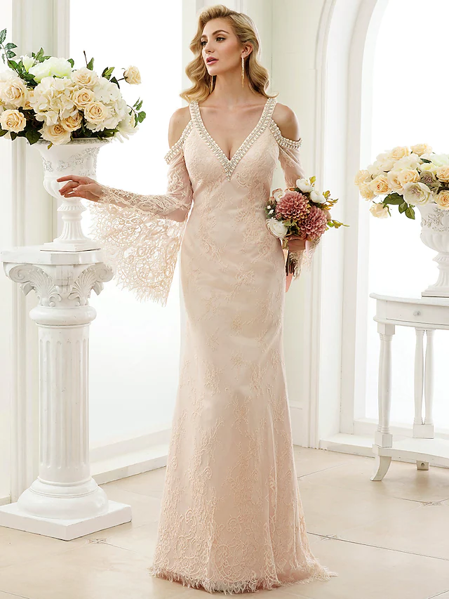 Luolandi Wedding Dresses Plunging Neck Sheer Lace Long Sleeve Wedding Dress in Color Open Back Floral Lace with Bow(s)