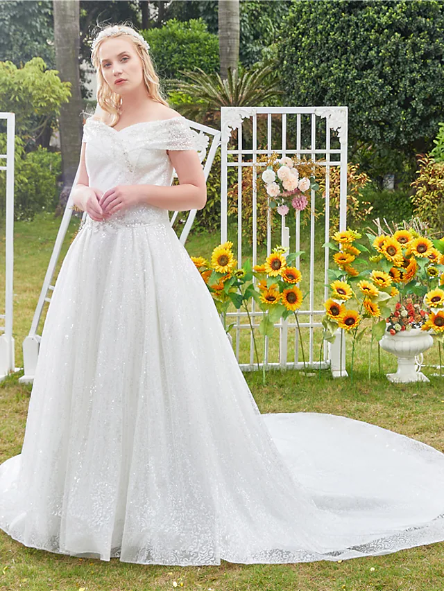 Luolandi Princess Ball Gown Wedding Dresses Off Shoulder Cathedral Train Lace Tulle Sleeveless Formal Romantic Luxurious Sparkle & Shine Plus Size with Beading