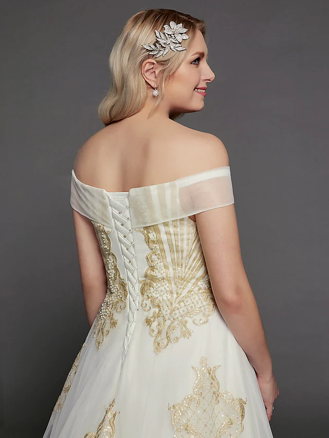 Luolandi Princess Wedding Dresses Off Shoulder Chapel Train Lace Tulle Cap Sleeve Glamorous Illusion Detail