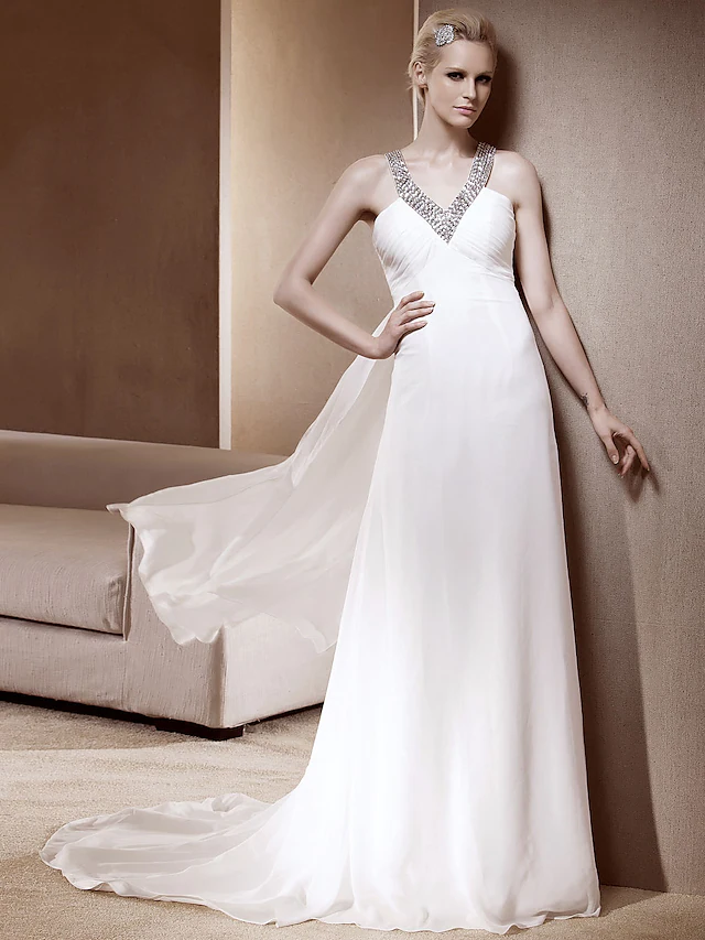 Luolandi Princess A-Line Wedding Dresses V Neck Court Train Chiffon Sleeveless Sparkle & Shine