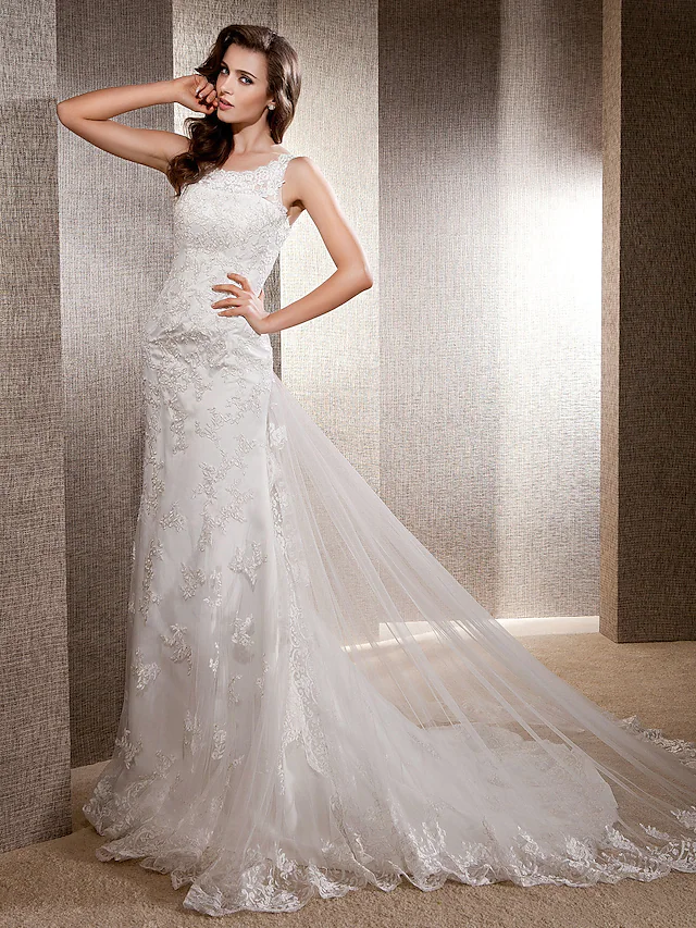 Luolandi Elegant Wedding Dresses Scoop Neck Lace Tulle Sleeveless Long Bridal Gown