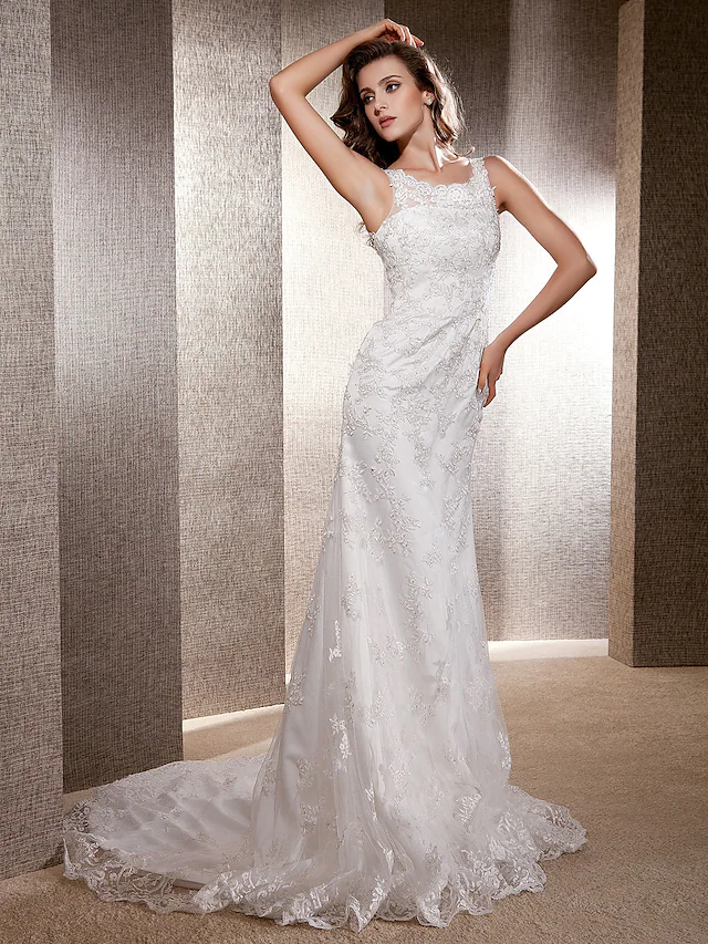 Luolandi Elegant Wedding Dresses Scoop Neck Lace Tulle Sleeveless Long Bridal Gown