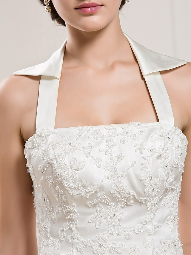 Luolandi Long Wedding Dresses Halter Neck Court Train Satin Sleeveless