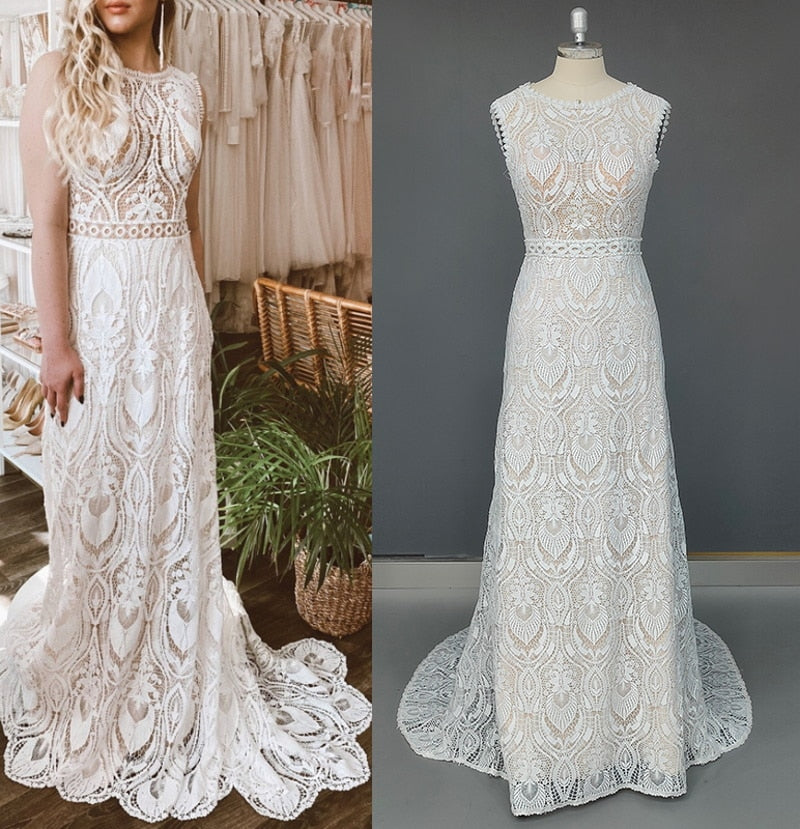 Luolandi Vintage Champagne Beach Mermaid Lace Bateau Neck Wedding Dress Beautiful