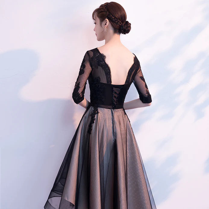 Luolandi Champagne and black High Low Short Sleeves Party Dress High Low homecoming Dress Formal Dresses Elegant Cocktail Dress