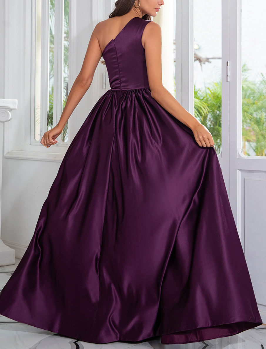 Luolandi Charming A-Line Satin One Shoulder Purple Prom Dresses With Side Split Sexy Evening Dresses