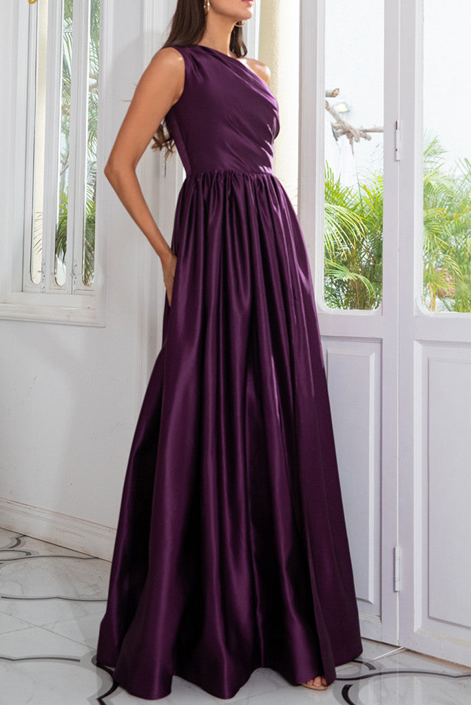 Luolandi Charming A-Line Satin One Shoulder Purple Prom Dresses With Side Split Sexy Evening Dresses
