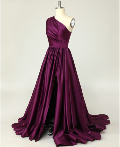 Luolandi Charming A-Line Satin One Shoulder Purple Prom Dresses With Side Split Sexy Evening Dresses