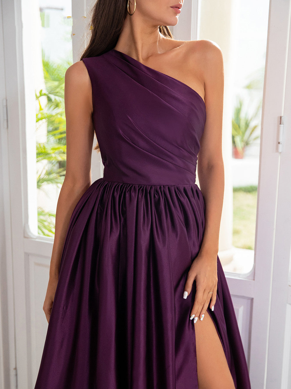 Luolandi Charming A-Line Satin One Shoulder Purple Prom Dresses With Side Split Sexy Evening Dresses