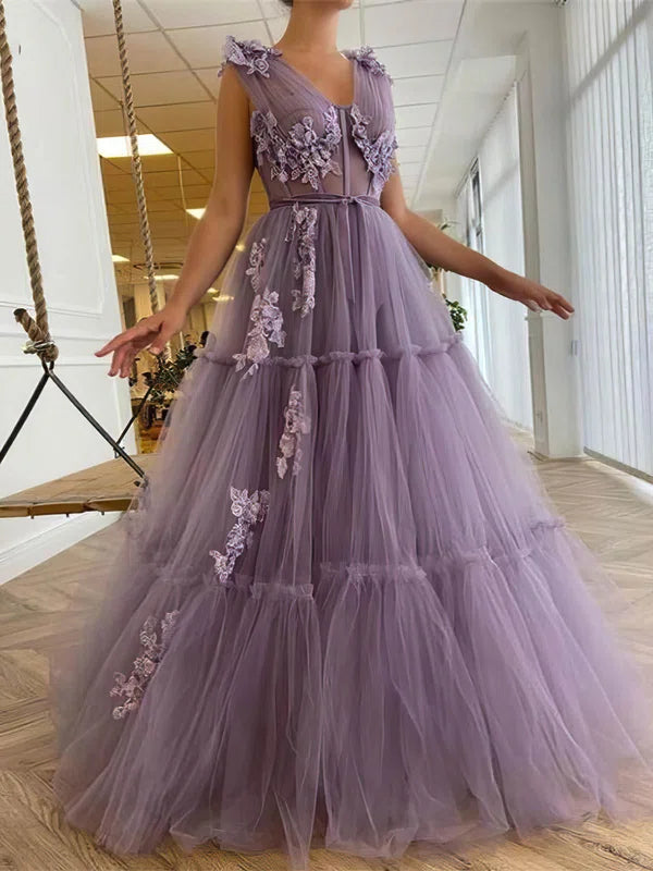 Luolandi Charming A Line V Neck Tulle Appliques Floral Evening Long Prom Dresses Floor Length