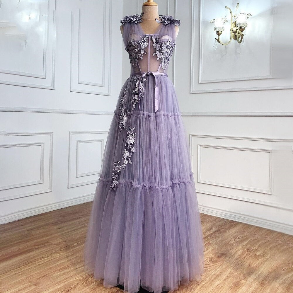 Luolandi Charming A Line V Neck Tulle Appliques Floral Evening Long Prom Dresses Floor Length