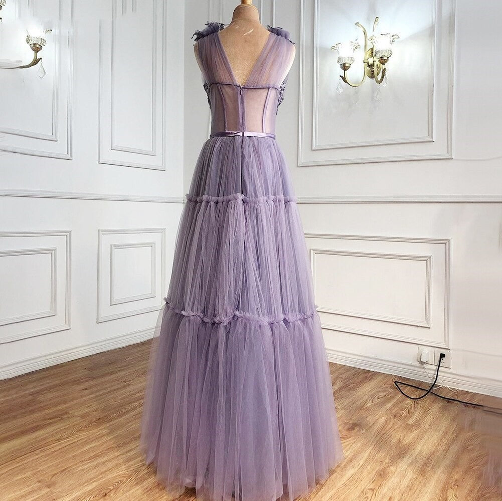 Luolandi Charming A Line V Neck Tulle Appliques Floral Evening Long Prom Dresses Floor Length