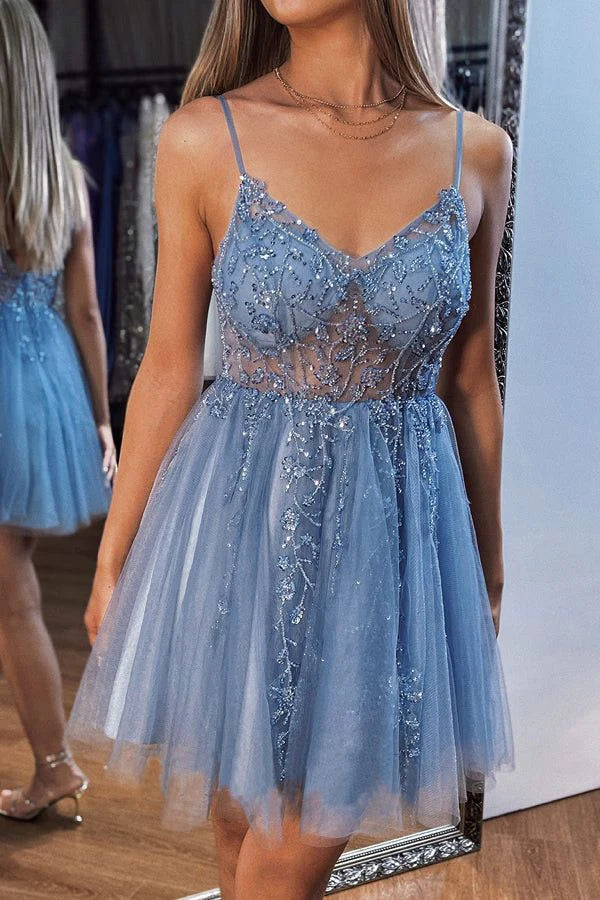Luolandi Charming A Line Spaghetti Straps V-neck Tulle Beaded Homecoming Dress Cute Short Graduation Dress Lovely Birthday Party Dress