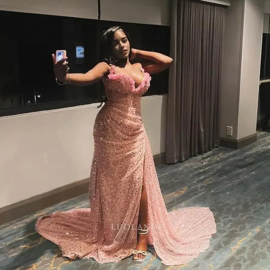 Luolandi Charming Mermaid Sleeveless Sequin Long Formal Prom Dress With Slit Black Girl Birthday Party Dress Sexy Evening Gown