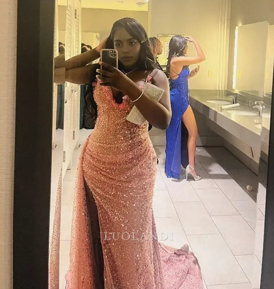 Luolandi Charming Mermaid Sleeveless Sequin Long Formal Prom Dress With Slit Black Girl Birthday Party Dress Sexy Evening Gown