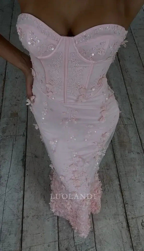 Luolandi Charming Mermaid Strapless Sleeveless Lace Up Back Long Formal Prom Dresses with Appliques Elegant Birthday Party Dress Sweet Evening Gowns