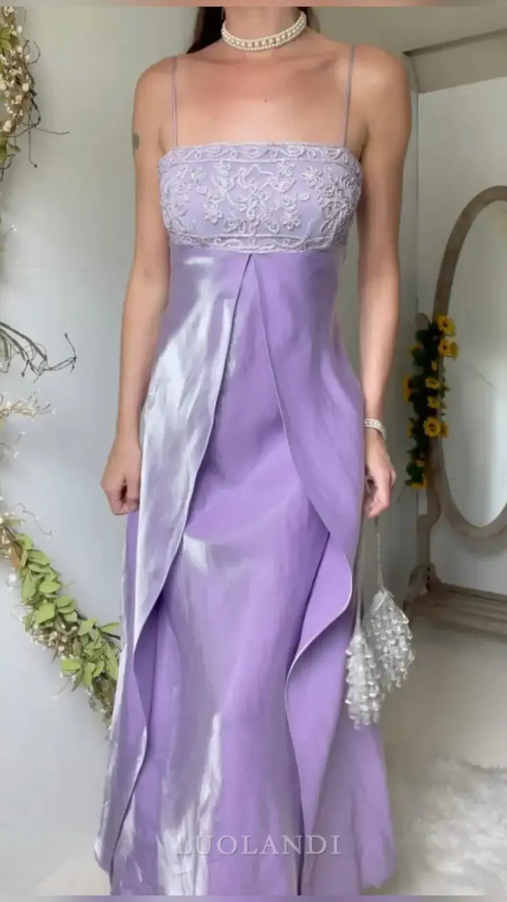 Luolandi Charming Spaghetti Straps Sleeveless Long Prom Dress Vintage Evening Dress Elegant Party Dress