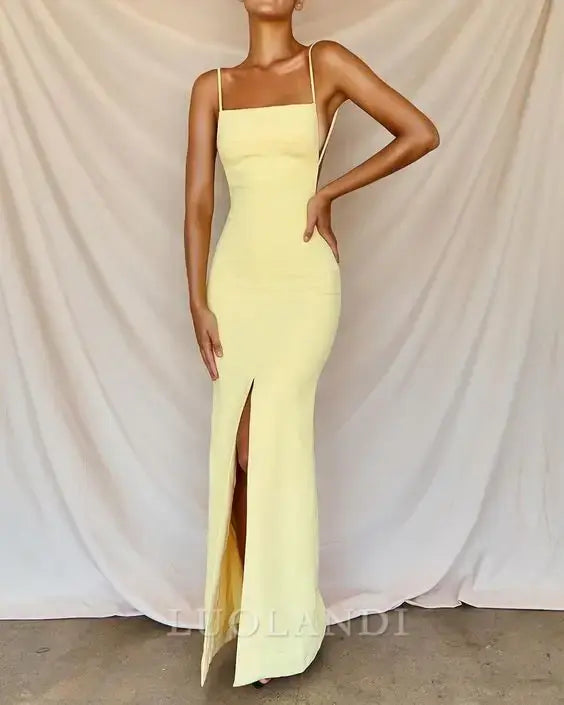 Luolandi Charming Yellow Spaghetti Straps Long Prom Dress Sexy Evening Dress Simple Party Dress With Slit