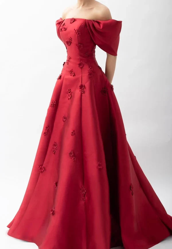 Charming A-Line Off-Shoulder Floral Appliques Satin Prom Dress Women Formal Gown