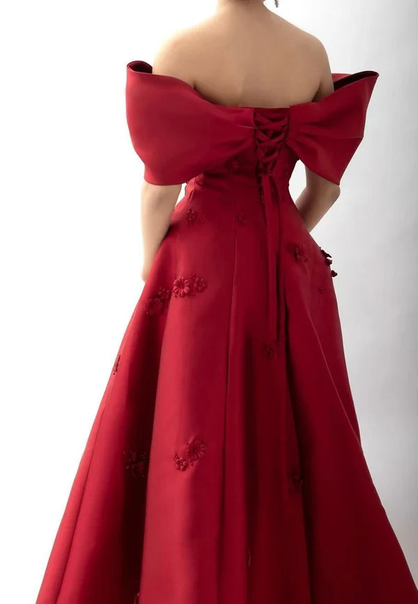 Charming A-Line Off-Shoulder Floral Appliques Satin Prom Dress Women Formal Gown