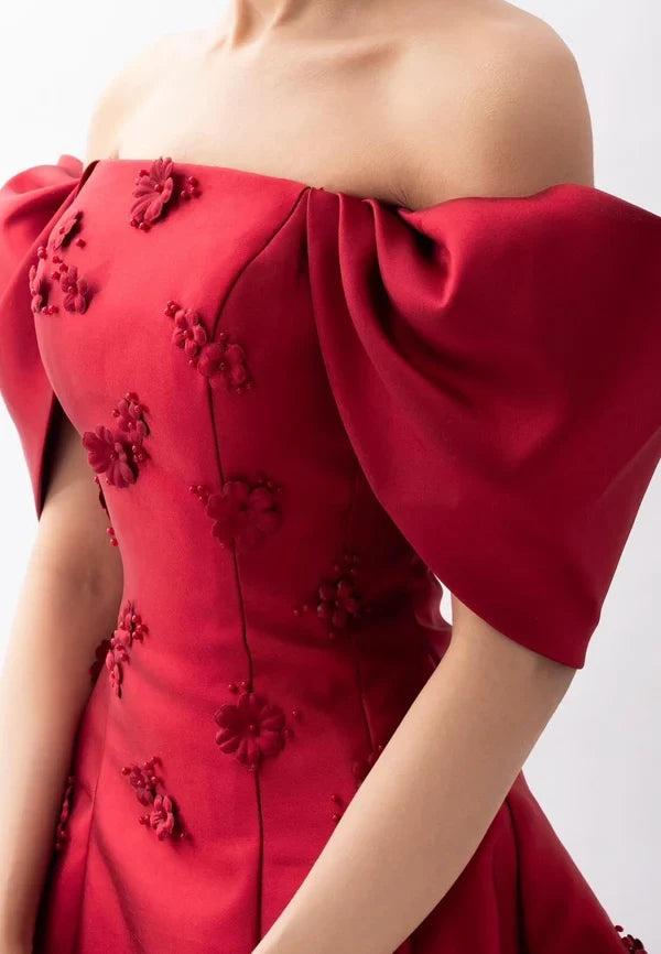 Charming A-Line Off-Shoulder Floral Appliques Satin Prom Dress Women Formal Gown