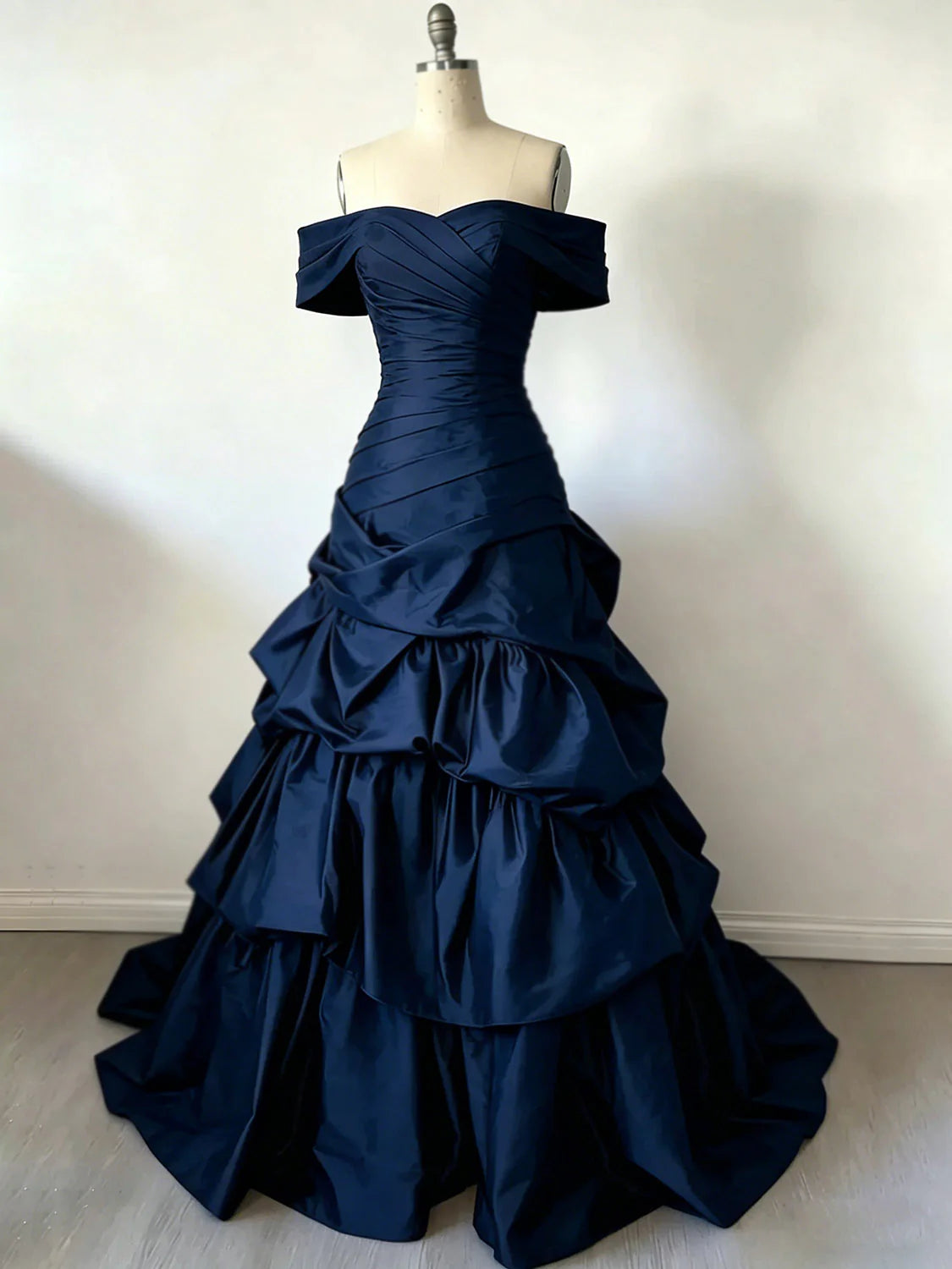 Luolandi Charming A-Line Off Shoulder Blue Satin Lace Up Back Long Formal Prom Dress Elegant Evening Party Dress