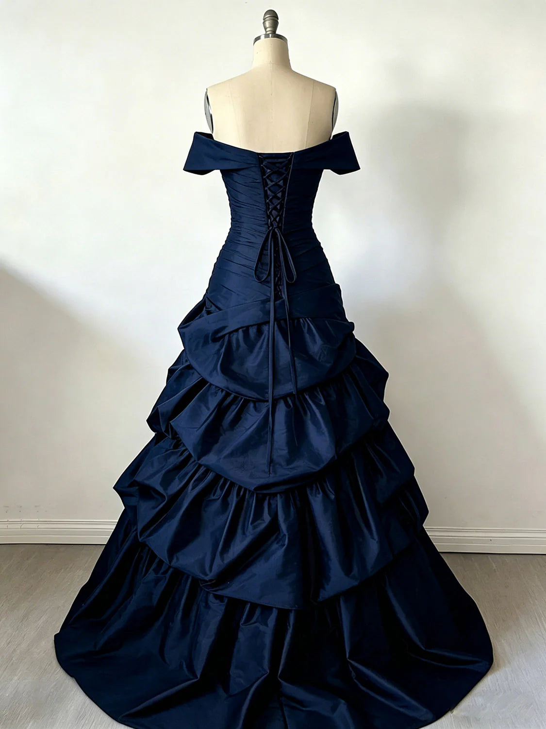 Luolandi Charming A-Line Off Shoulder Blue Satin Lace Up Back Long Formal Prom Dress Elegant Evening Party Dress