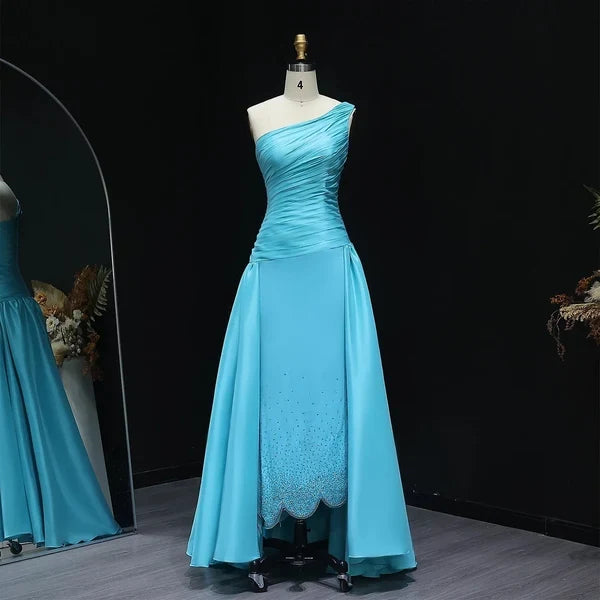 Charming A-Line One Shoulder Sleeveless Ruched Beaded Satin Long Prom Dress Women Formal