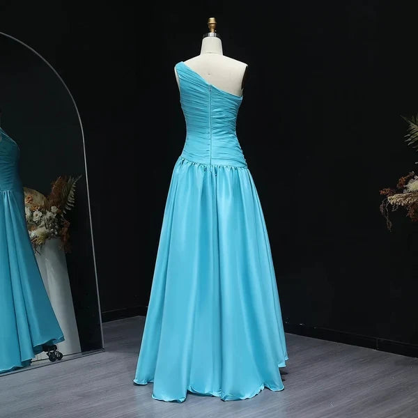 Charming A-Line One Shoulder Sleeveless Ruched Beaded Satin Long Prom Dress Women Formal