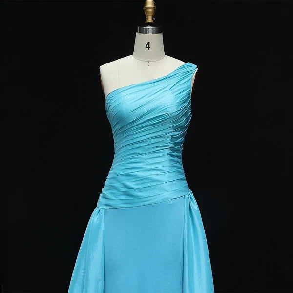 Charming A-Line One Shoulder Sleeveless Ruched Beaded Satin Long Prom Dress Women Formal