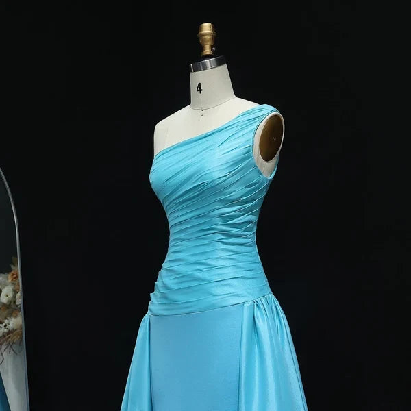 Charming A-Line One Shoulder Sleeveless Ruched Beaded Satin Long Prom Dress Women Formal