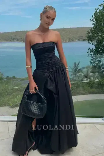 Luolandi Charming A-Line Strapless Pleated Long Prom Dress Elegant Evening Party Dress With Slit