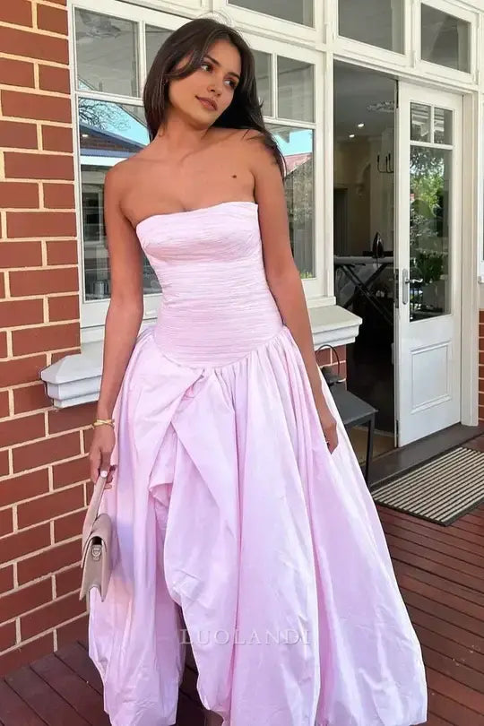 Luolandi Charming A-Line Strapless Pleated Long Prom Dress Elegant Evening Party Dress With Slit