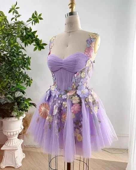 Luolandi Charming A-Line Sweetheart Sleeveless Floral Applique Tulle Short Homecoming Dress