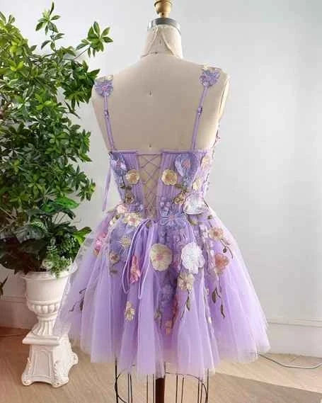 Luolandi Charming A-Line Sweetheart Sleeveless Floral Applique Tulle Short Homecoming Dress