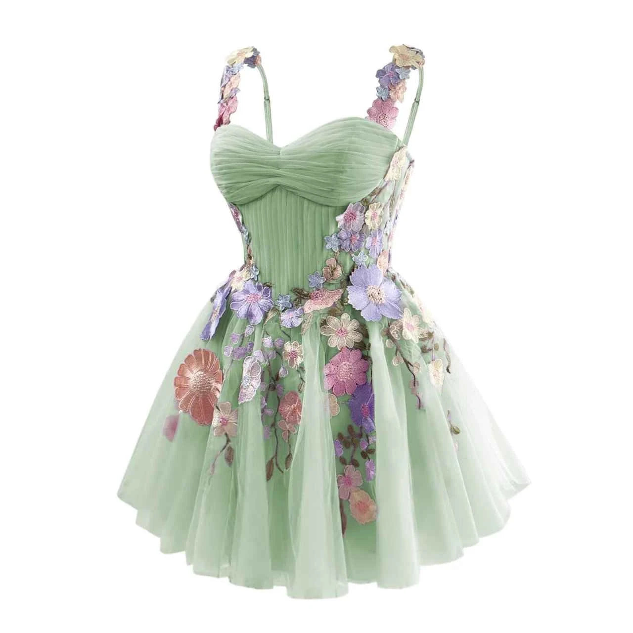 Luolandi Charming A-Line Sweetheart Sleeveless Floral Applique Tulle Short Homecoming Dress