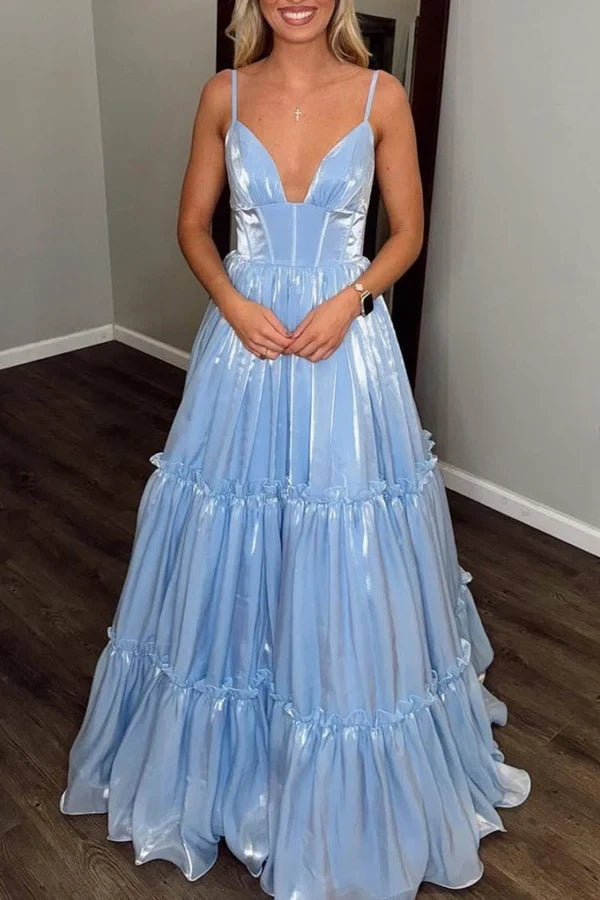 Charming A-Line V-Neck Sleeveless Tiered Ruffled Long Prom Gown for Women