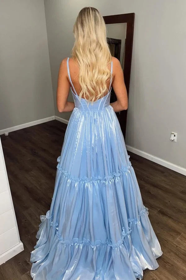 Charming A-Line V-Neck Sleeveless Tiered Ruffled Long Prom Gown for Women