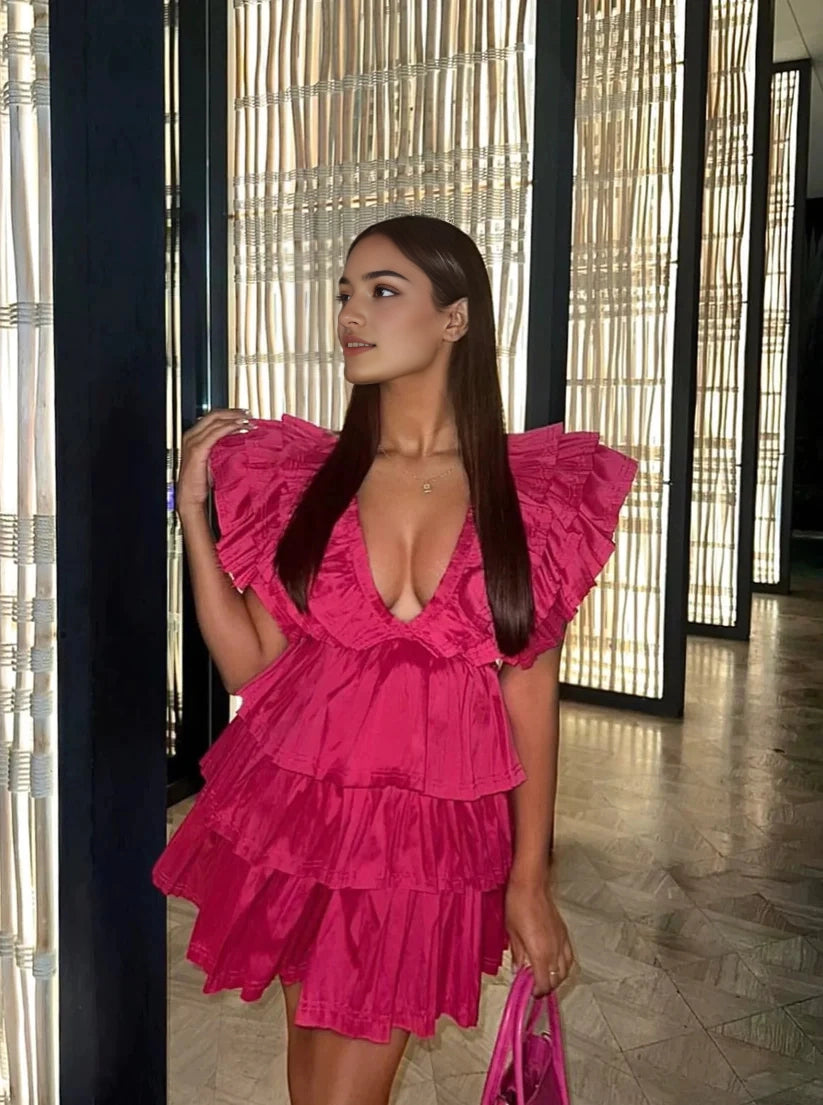 Luolandi Charming A-Line V Neck Ruffle Tiered Short Homecoming Dress Fashion Summer Birthday Party Dress
