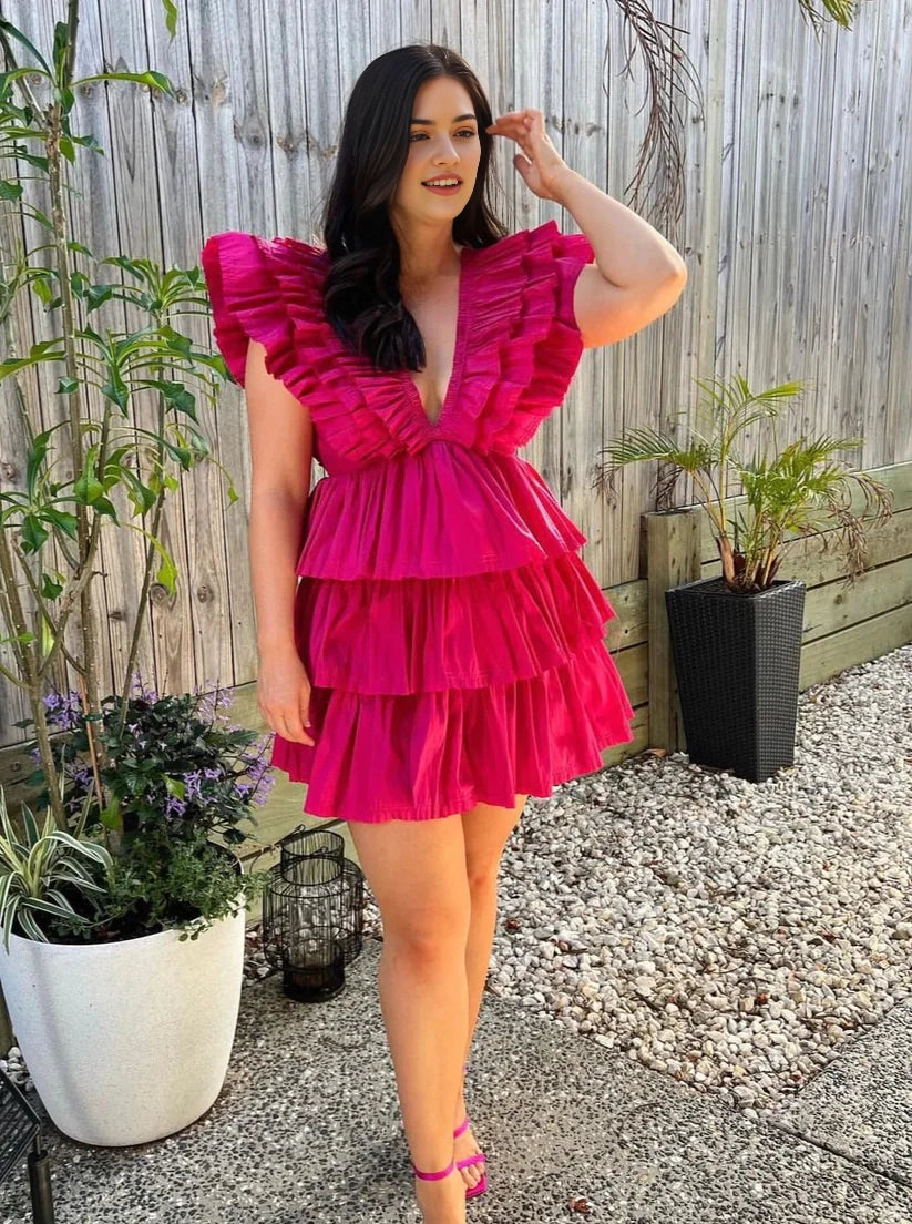 Luolandi Charming A-Line V Neck Ruffle Tiered Short Homecoming Dress Fashion Summer Birthday Party Dress