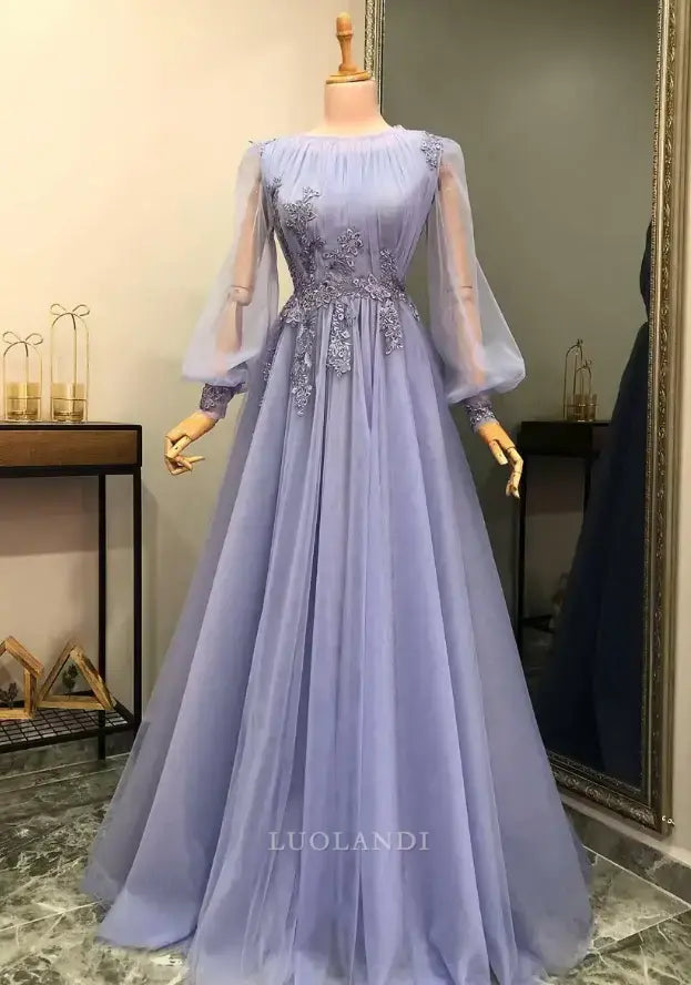 Luolandi Charming A-line Long Sleeves Formal Prom Dress Elegant Evening Party Gown Wedding Guest Dress with Appliques