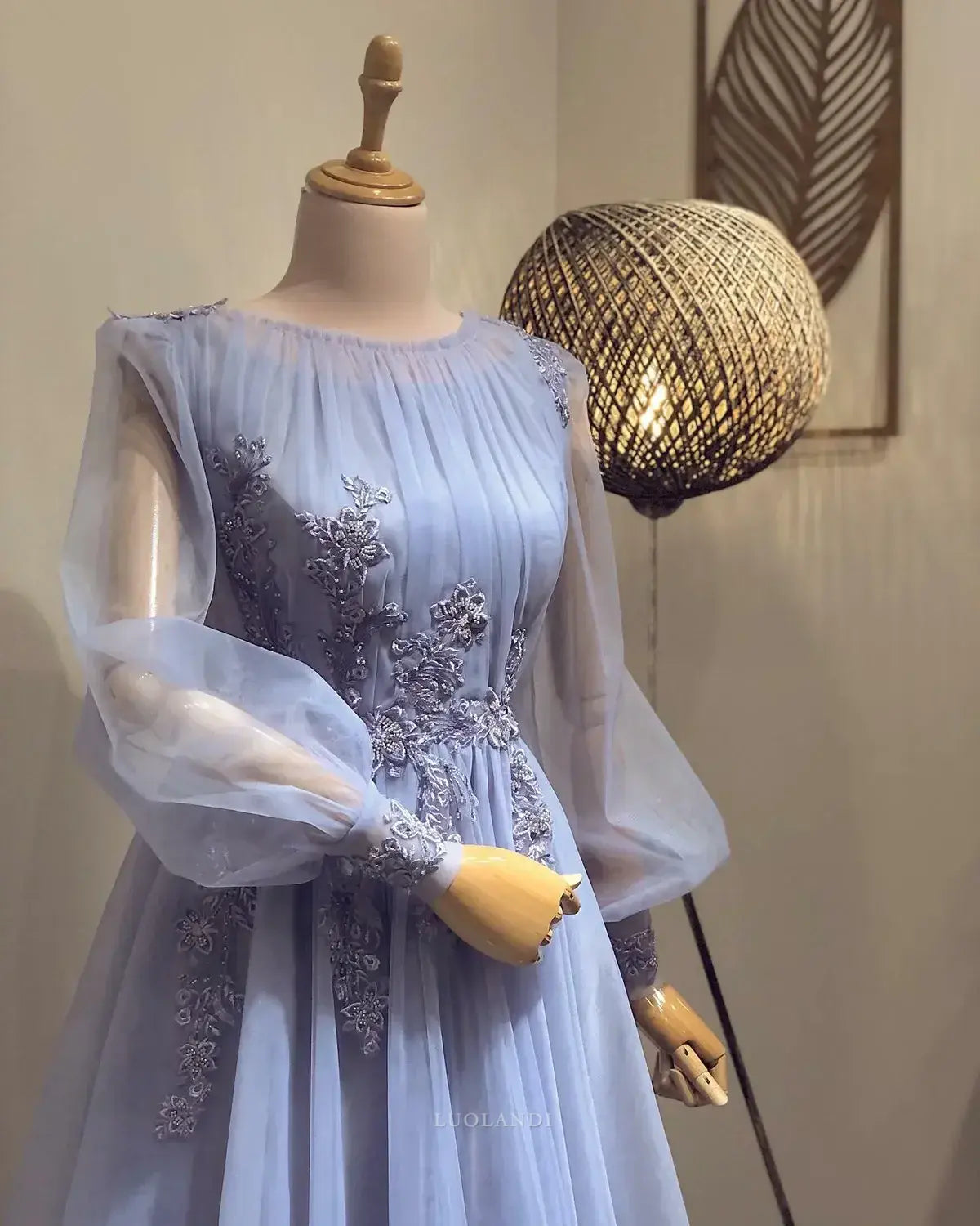 Luolandi Charming A-line Long Sleeves Formal Prom Dress Elegant Evening Party Gown Wedding Guest Dress with Appliques