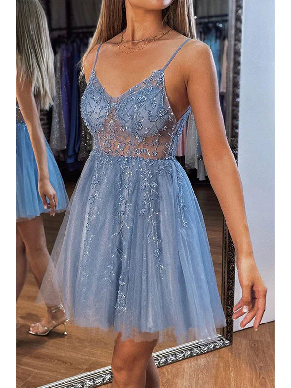 Luolandi Charming A Line Spaghetti Straps V-neck Tulle Beaded Homecoming Dress Cute Short Graduation Dress Lovely Birthday Party Dress