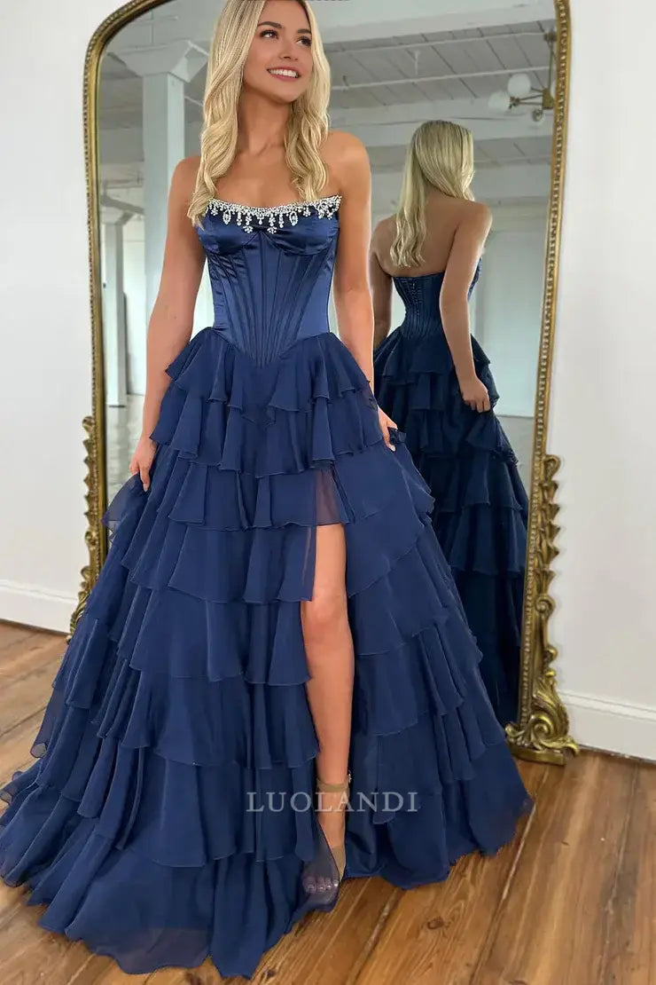 Luolandi Charming A Line Strapless Tiered Long Prom Dresses with Slit Chic Graduation Dress Pretty Party Evening Gowns