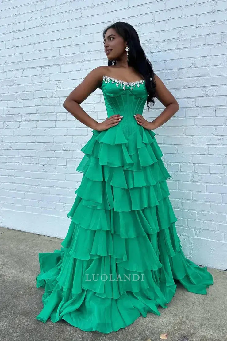Luolandi Charming A Line Strapless Tiered Long Prom Dresses with Slit Chic Graduation Dress Pretty Party Evening Gowns