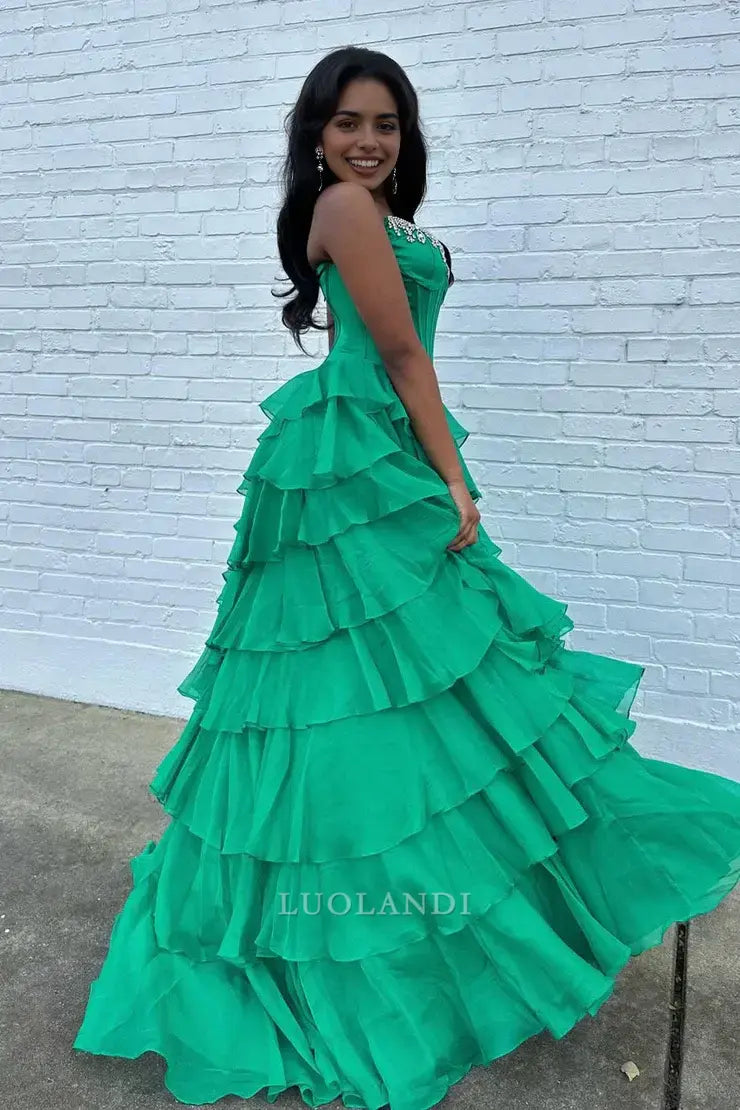 Luolandi Charming A Line Strapless Tiered Long Prom Dresses with Slit Chic Graduation Dress Pretty Party Evening Gowns