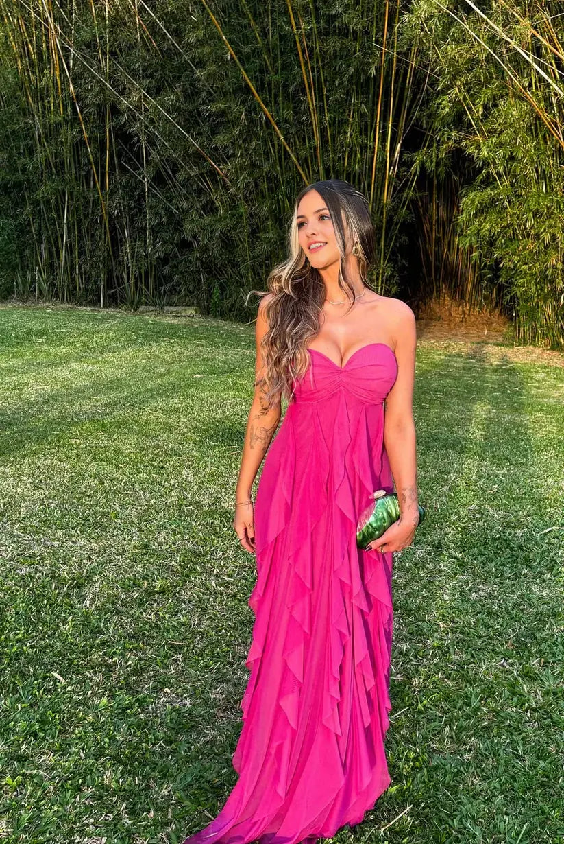 Luolandi Charming A Line Sweetheart Strapless Ruffle Long Formal Prom Dress Elegant Wedding Guest Dress