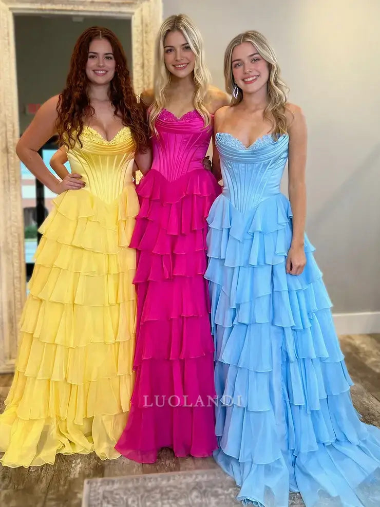 Luolandi Charming A Line Sweetheart Strapless Tiered Long Formal Prom Dresses with Slit Lovely Graduation Dress Pretty Party Evening Gowns