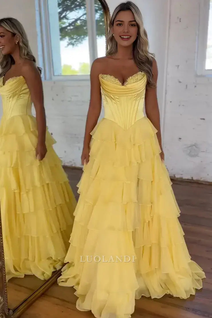 Luolandi Charming A Line Sweetheart Strapless Tiered Long Formal Prom Dresses with Slit Lovely Graduation Dress Pretty Party Evening Gowns