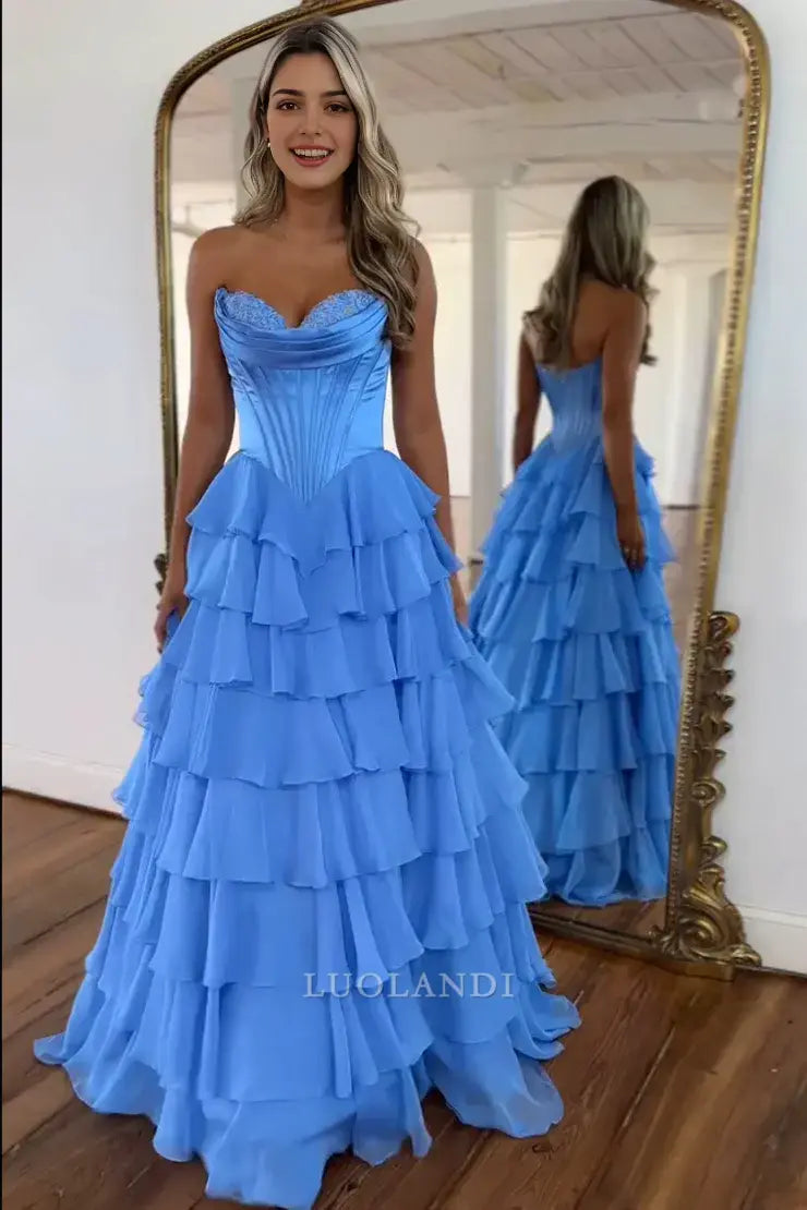 Luolandi Charming A Line Sweetheart Strapless Tiered Long Formal Prom Dresses with Slit Lovely Graduation Dress Pretty Party Evening Gowns